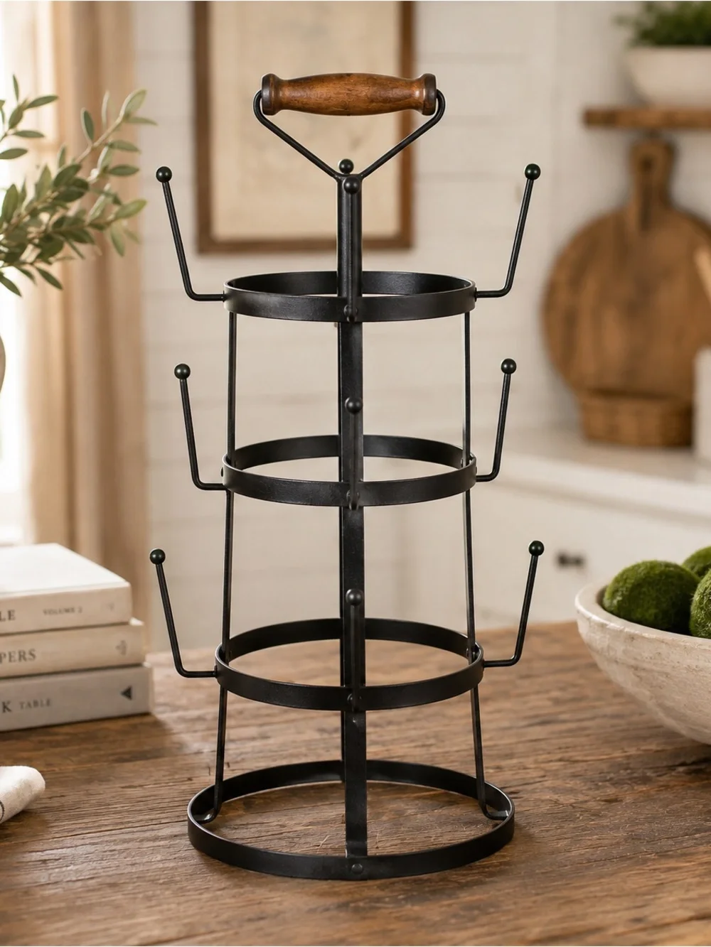 Farmhouse 3-Tier Black Metal Mug and Cup Organizer with Wooden Handle